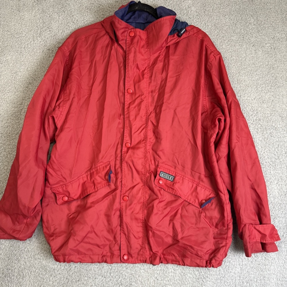 Aigle Windbreaker Jacket Zip Up Hooded Coat Mens Small‎ Red Lightweight Outdoor
